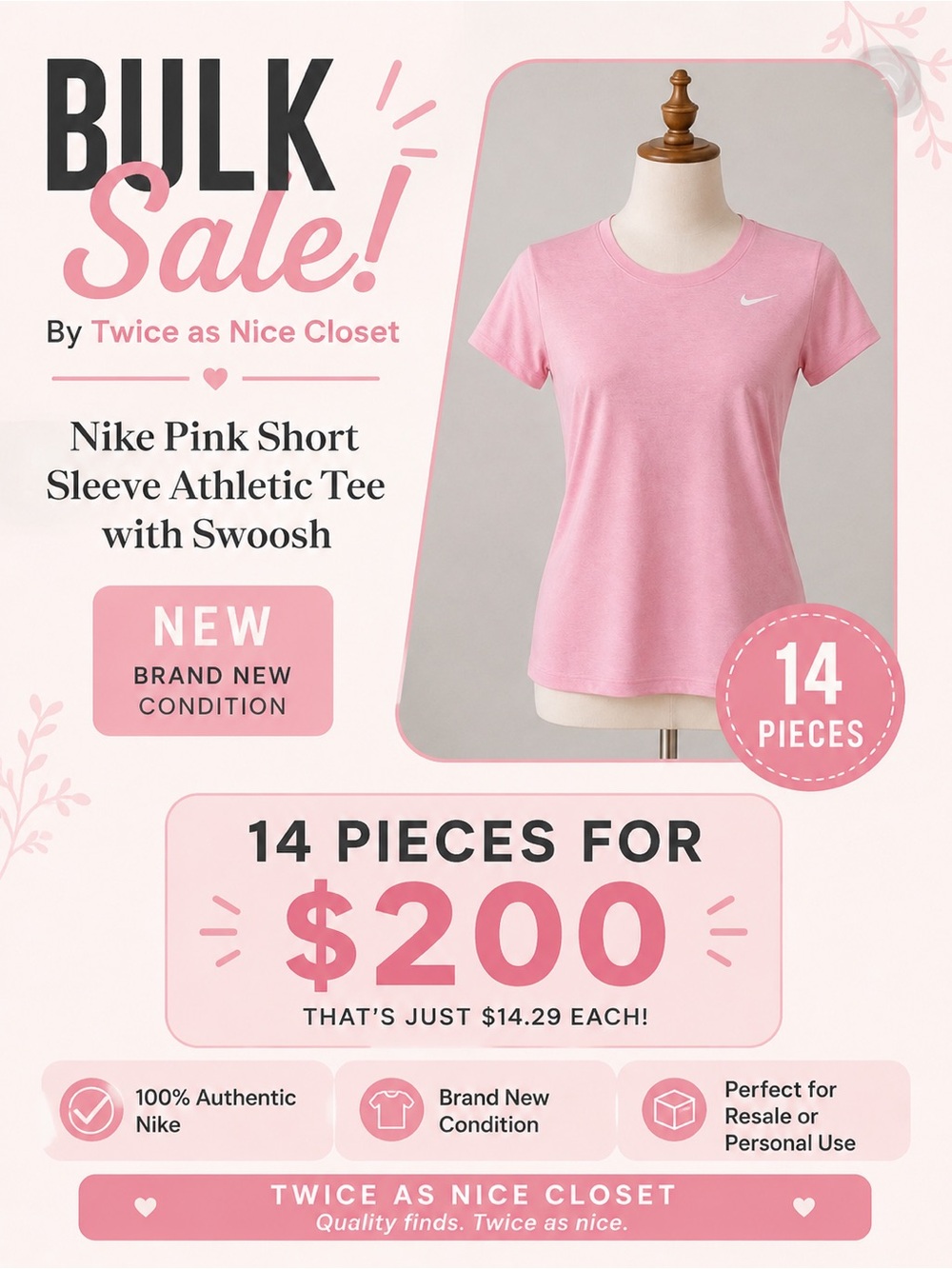 Nike‎ Pink Short Sleeve Athletic Tee with Swoosh NEW 14 pieces Size M